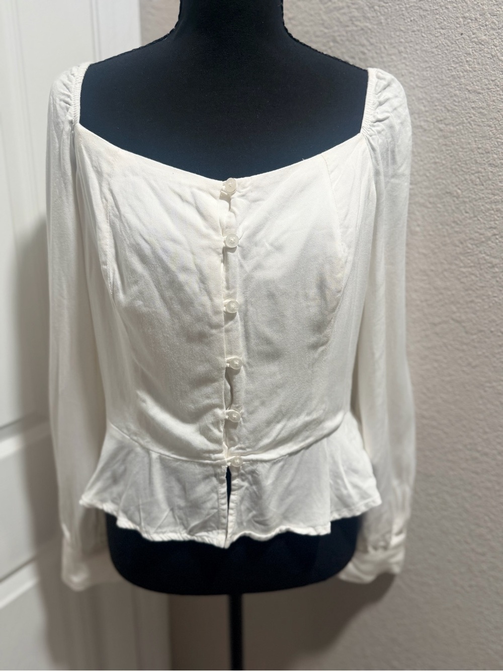 Elegant White Peplum Button-Front Cottage Core Women's Top